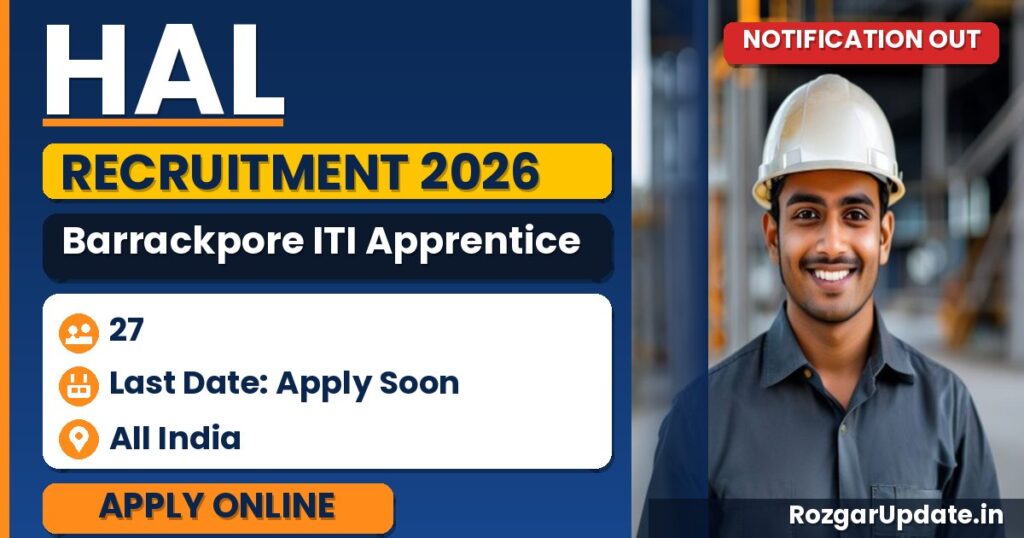HAL Barrackpore ITI Apprentice Recruitment 2026 – Apply for 27 Vacancies (Welder, Turner, Machinist, Electrician, Fitter) | Walk-In on 24 July 2026 - banner image